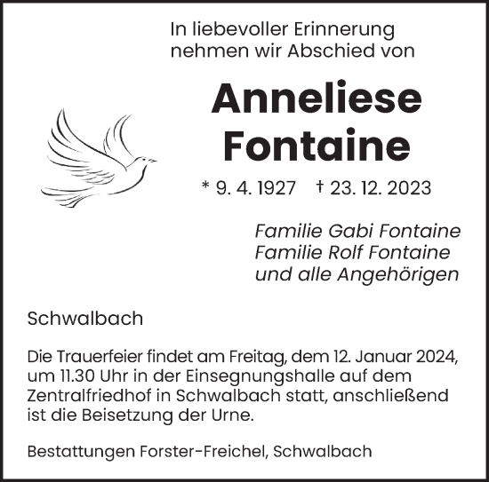 Todesanzeige von Anneliese Fontaine von saarbruecker_zeitung