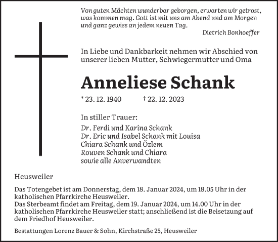 Todesanzeige von Anneliese Schank von saarbruecker_zeitung