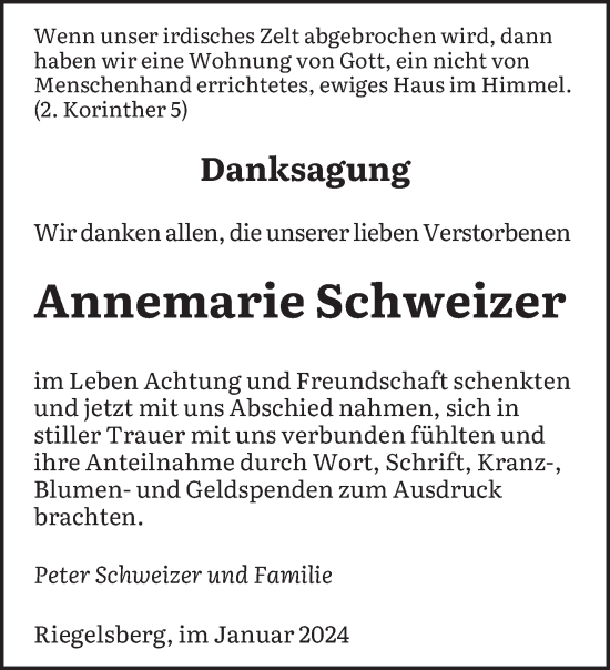 Todesanzeige von Annemarie Schweizer von saarbruecker_zeitung