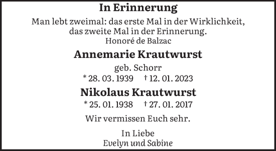 Todesanzeige von Annemarie und Nikolaus Krautwurst von saarbruecker_zeitung