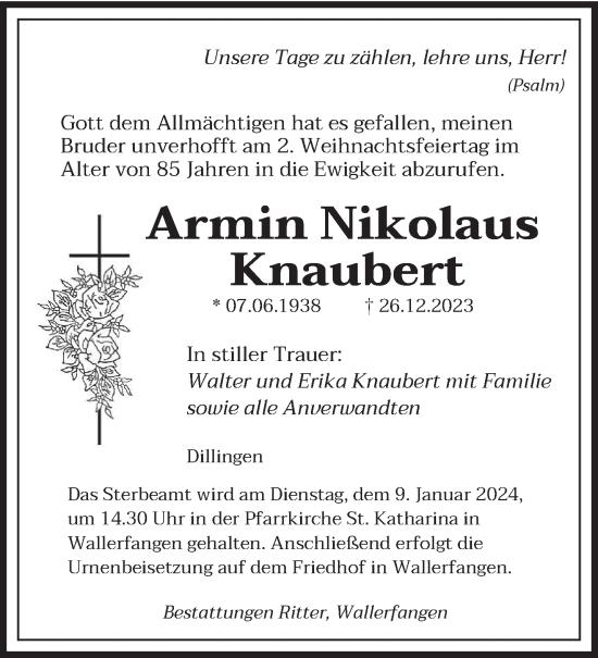 Todesanzeige von Armin Nikolaus Knaubert von saarbruecker_zeitung