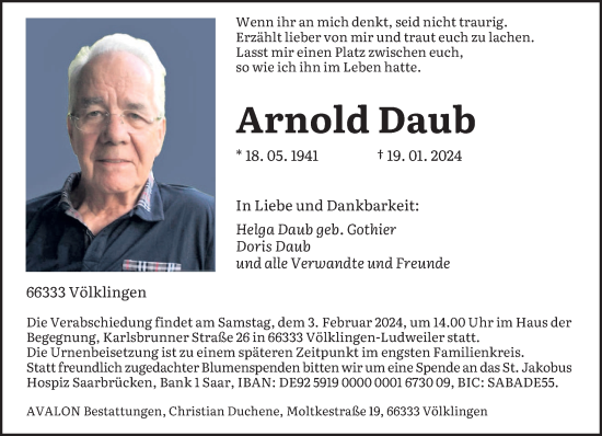 Todesanzeige von Arnold Daub von saarbruecker_zeitung