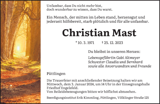 Todesanzeige von Christian Mast von saarbruecker_zeitung