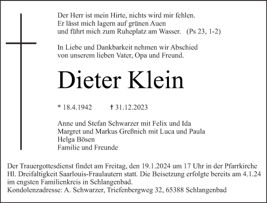 Todesanzeige von Dieter Klein von saarbruecker_zeitung