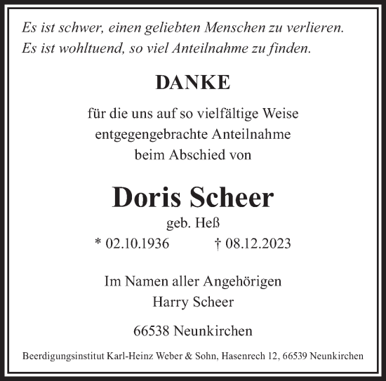 Todesanzeige von Doris Scheer von saarbruecker_zeitung