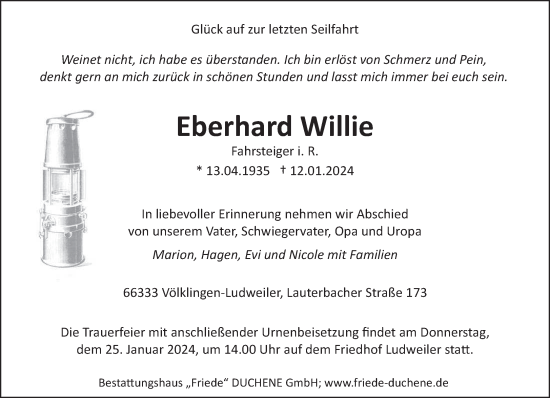 Todesanzeige von Eberhard Willie von saarbruecker_zeitung