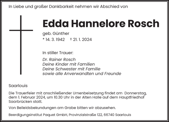 Todesanzeige von Edda Hannelore Rosch von saarbruecker_zeitung