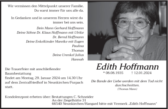 Todesanzeige von Edith Hoffmann von saarbruecker_zeitung