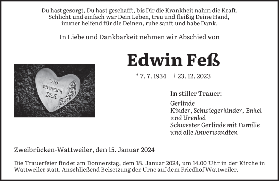 Todesanzeige von Edwin Feß von saarbruecker_zeitung