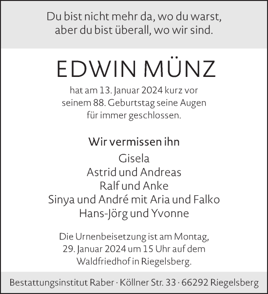 Todesanzeige von Edwin Münz von saarbruecker_zeitung