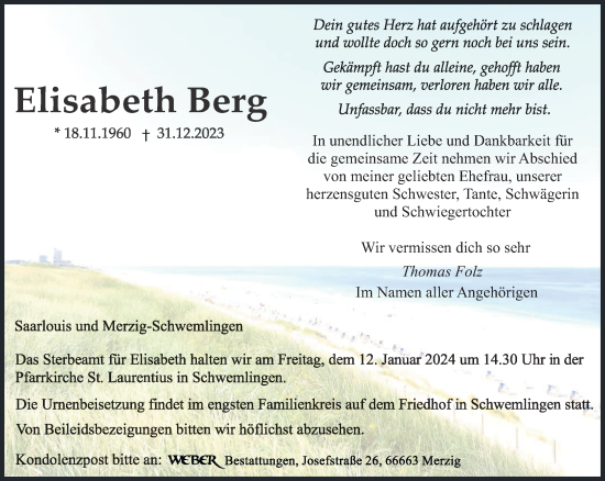 Todesanzeige von Elisabeth Berg von saarbruecker_zeitung