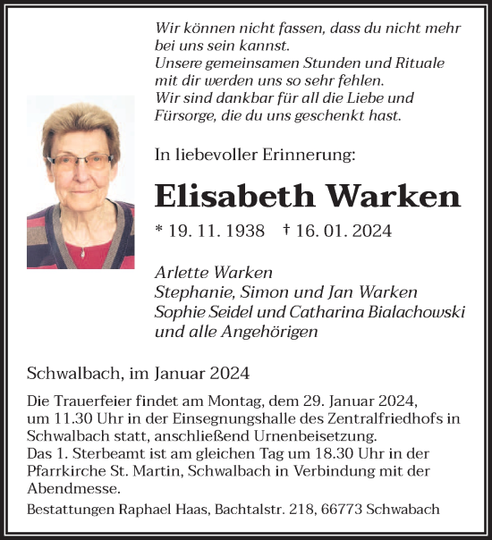 Todesanzeige von Elisabeth Warken von saarbruecker_zeitung