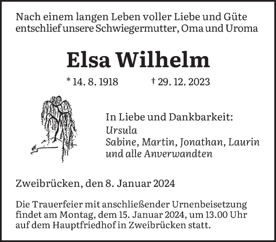 Todesanzeige von Elsa Wilhelm von saarbruecker_zeitung