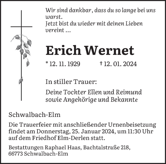 Todesanzeige von Erich Wernet von saarbruecker_zeitung