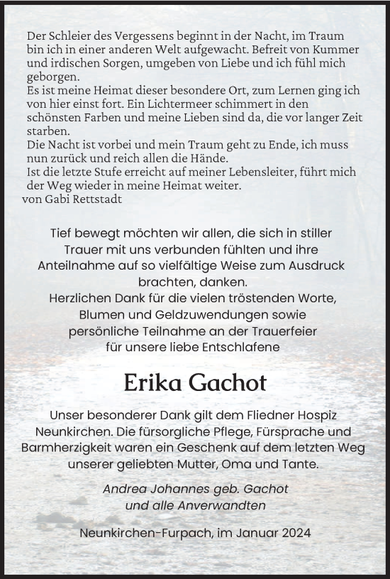 Todesanzeige von Erika Gachot von saarbruecker_zeitung