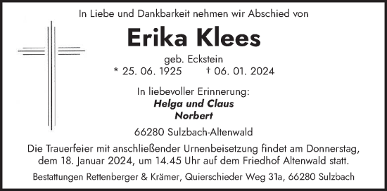 Todesanzeige von Erika Klees von saarbruecker_zeitung