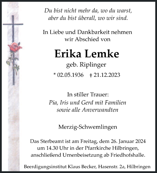 Todesanzeige von Erika Lemke von saarbruecker_zeitung