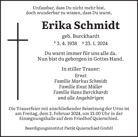 Todesanzeige von Erika Schmidt von saarbruecker_zeitung
