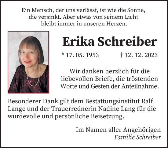 Todesanzeige von Erika Schreiber von saarbruecker_zeitung