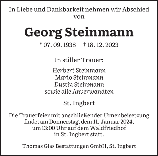 Todesanzeige von Georg Steinmann von saarbruecker_zeitung