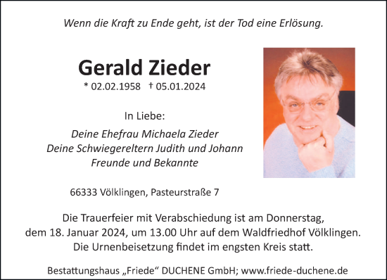 Todesanzeige von Gerald Zieder von saarbruecker_zeitung