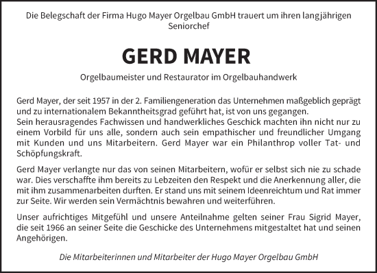 Todesanzeige von Gerd Mayer von saarbruecker_zeitung