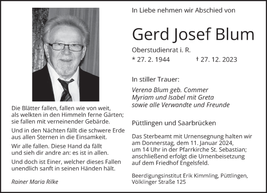 Todesanzeige von Gerd Josef Blum von saarbruecker_zeitung