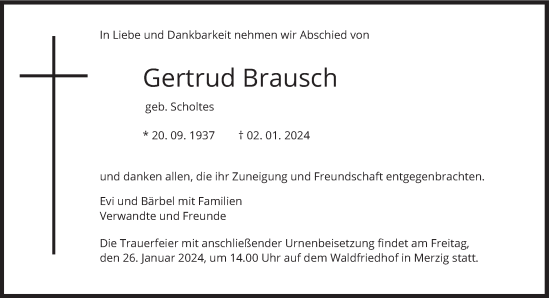 Todesanzeige von Gertrud Brausch von saarbruecker_zeitung