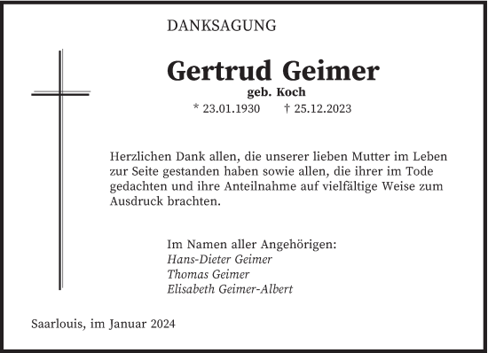 Todesanzeige von Gertrud Geimer von saarbruecker_zeitung