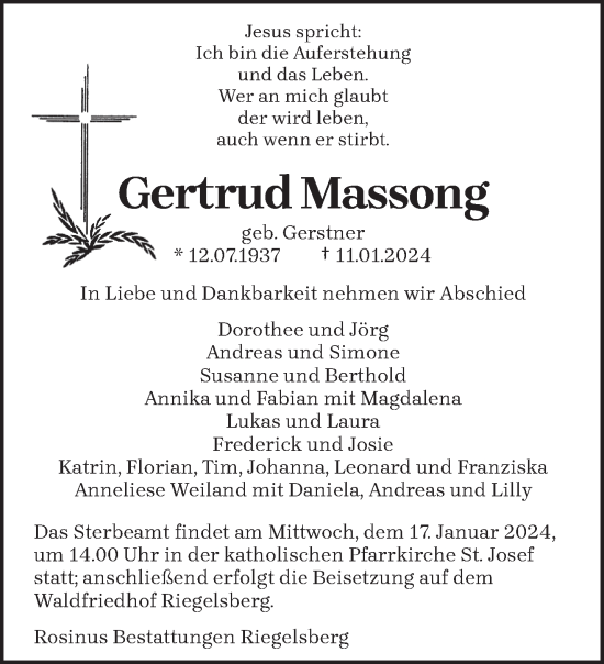 Todesanzeige von Gertrud Massong von saarbruecker_zeitung