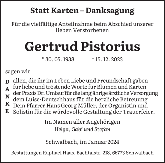 Todesanzeige von Gertrud Pistorius von saarbruecker_zeitung