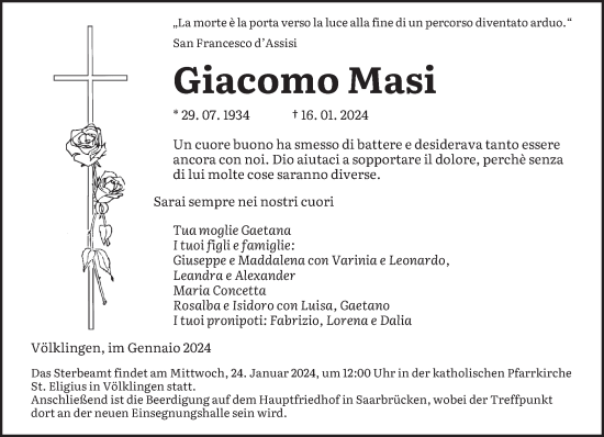 Todesanzeige von Giacomo Masi von saarbruecker_zeitung
