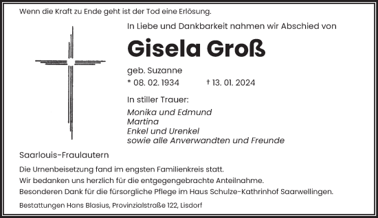 Todesanzeige von Gisela Groß von saarbruecker_zeitung