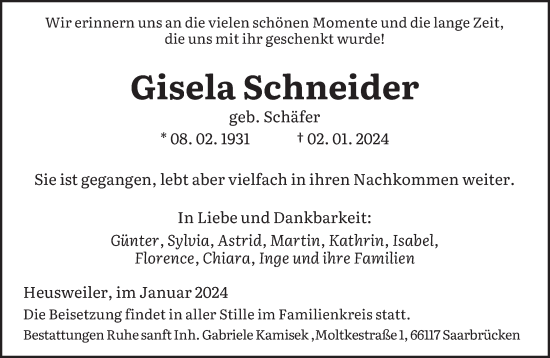 Todesanzeige von Gisela Schneider von saarbruecker_zeitung