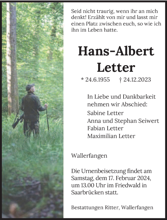 Todesanzeige von Hans-Albert Letter von saarbruecker_zeitung