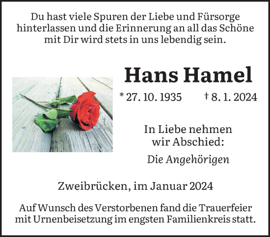 Todesanzeige von Hans Hamel von saarbruecker_zeitung