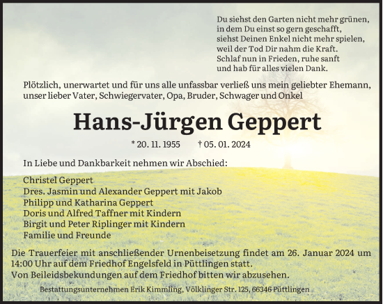 Todesanzeige von Hans-Jürgen Geppert von saarbruecker_zeitung