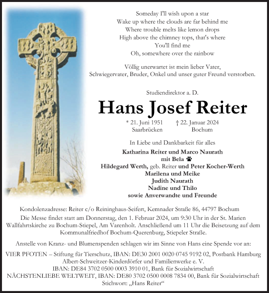 Todesanzeige von Hans Josef Reiter von saarbruecker_zeitung