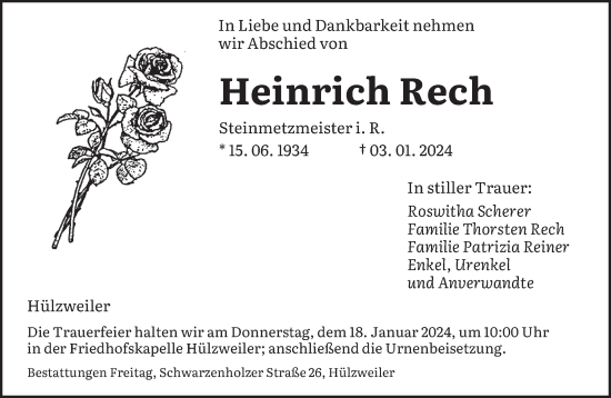 Todesanzeige von Heinrich Rech von saarbruecker_zeitung