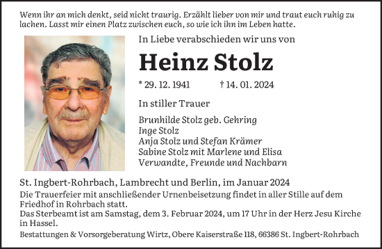 Todesanzeige von Heinz Stolz von saarbruecker_zeitung