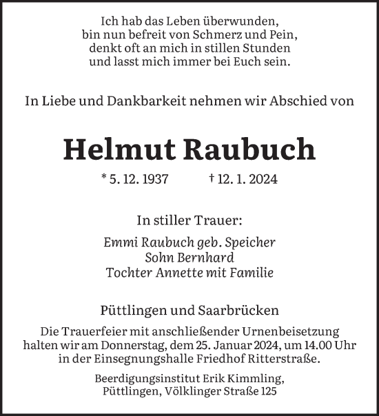 Todesanzeige von Helmut Raubuch von saarbruecker_zeitung