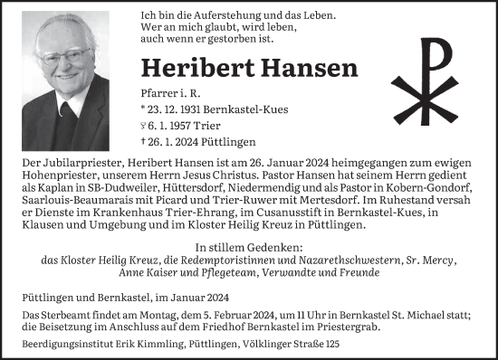 Todesanzeige von Heribert Hansen von saarbruecker_zeitung