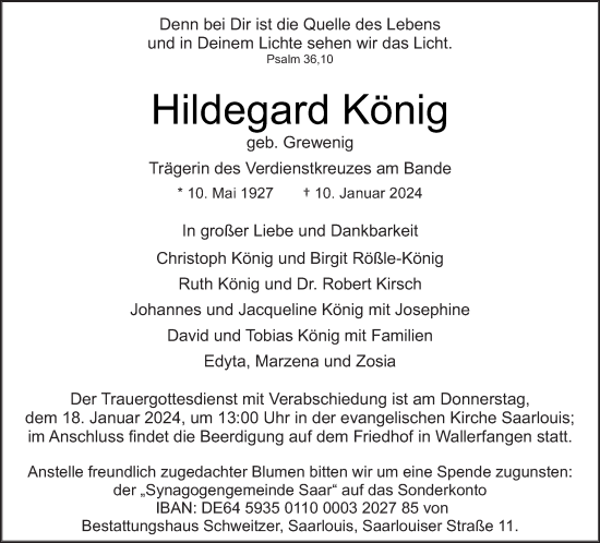 Todesanzeige von Hildegard König von saarbruecker_zeitung