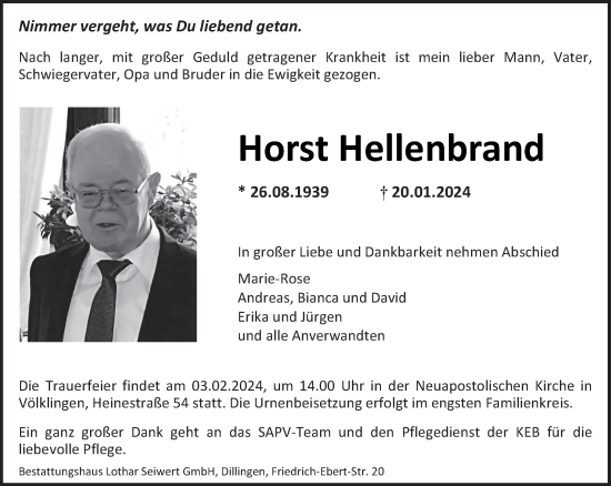 Todesanzeige von Horst Hellenbrand von saarbruecker_zeitung