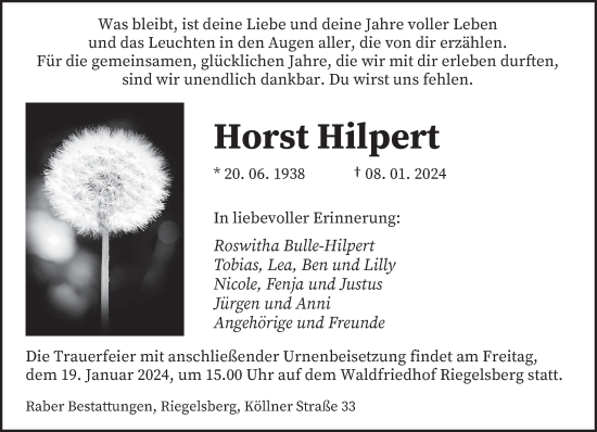 Todesanzeige von Horst Hilpert von saarbruecker_zeitung