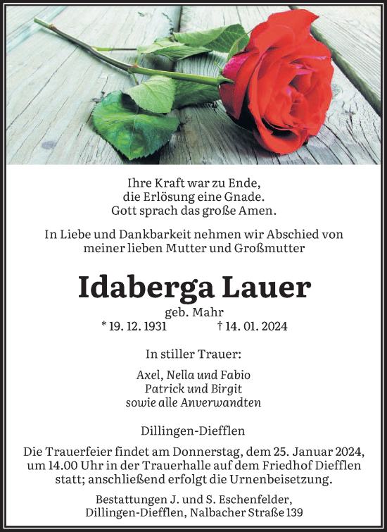 Todesanzeige von Idaberga Lauer von saarbruecker_zeitung