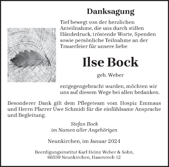 Todesanzeige von Ilse Bock von saarbruecker_zeitung
