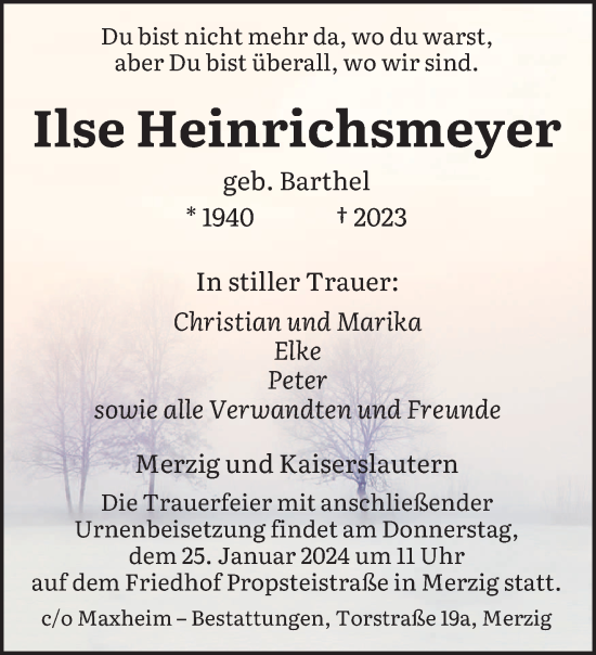 Todesanzeige von Ilse Heinrichsmeyer von saarbruecker_zeitung
