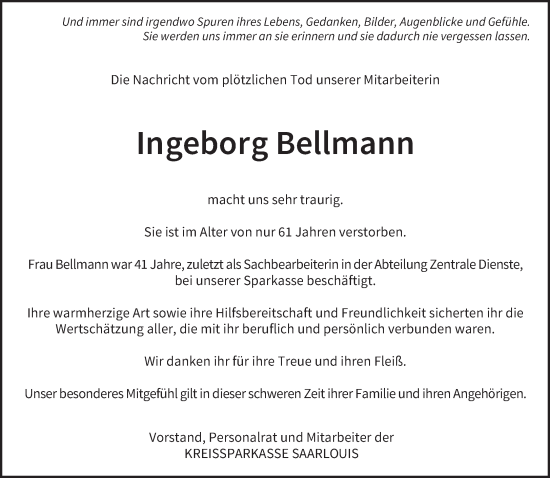 Todesanzeige von Ingeborg Bellmann von saarbruecker_zeitung