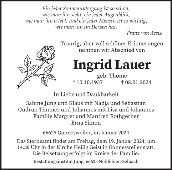 Todesanzeige von Ingrid Lauer von saarbruecker_zeitung